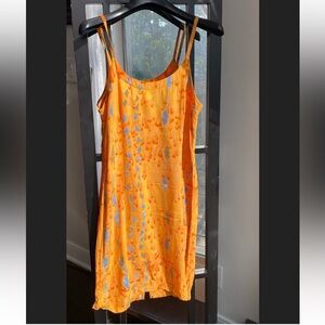 Vintage Rayon Slip Dress in Yellow and Blue Print •  Spaghetti Straps • Mini • S